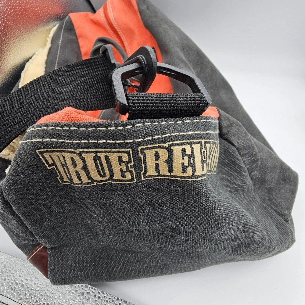 True Religion Canvas Duffle Bag Black Orange Frayed Trim Weekend Gym Travel Bag
